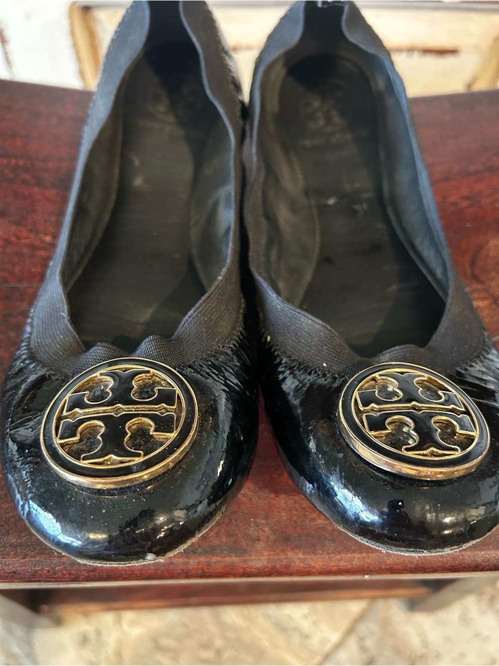 Tory Burch Caroline Ballet Flats Naplak Elastic Black Patent Leather Size 7.5